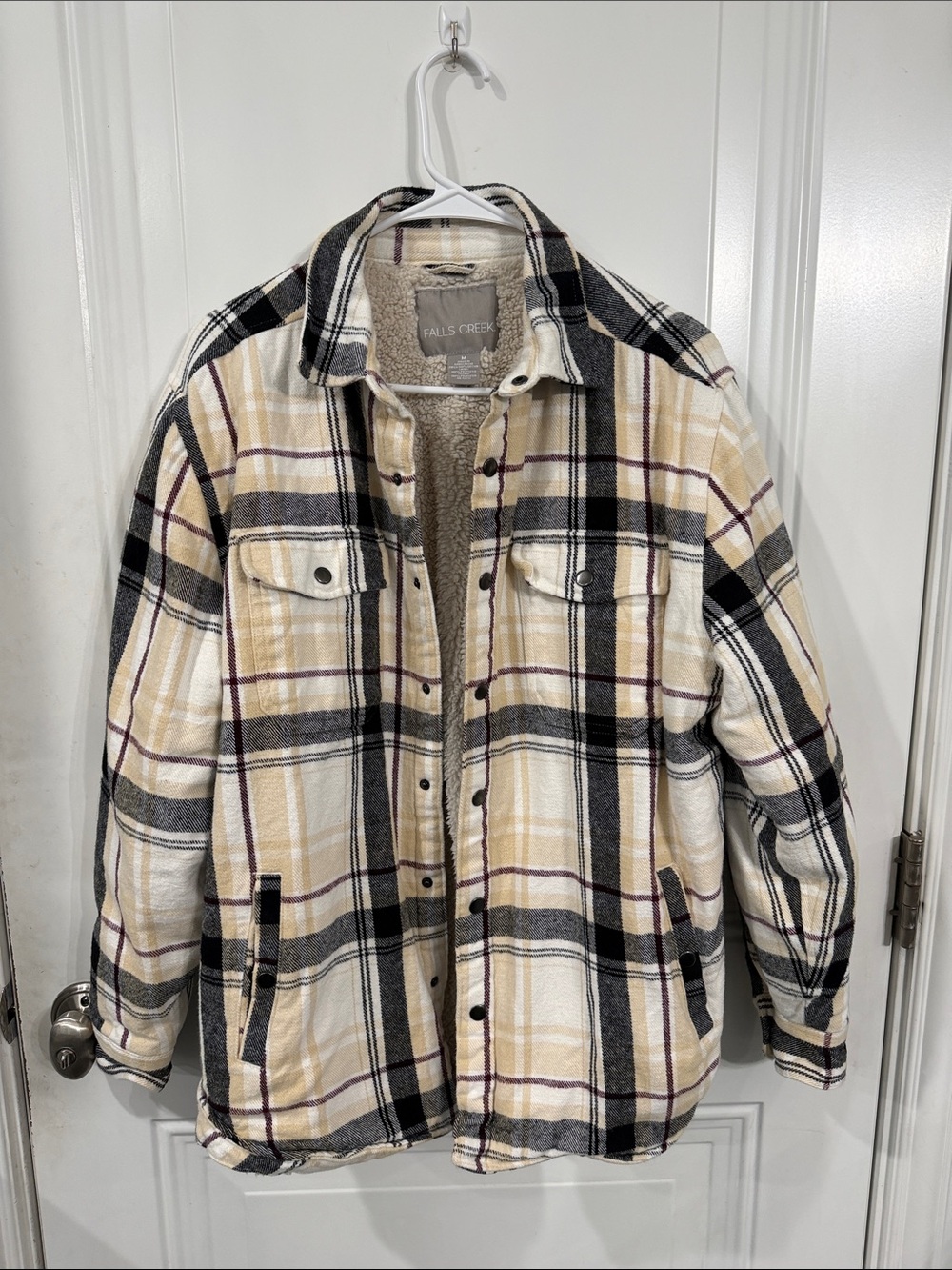 Falls Creek Men's Plaid Sherpa-Lined Shacket in Cream, Black and Tan